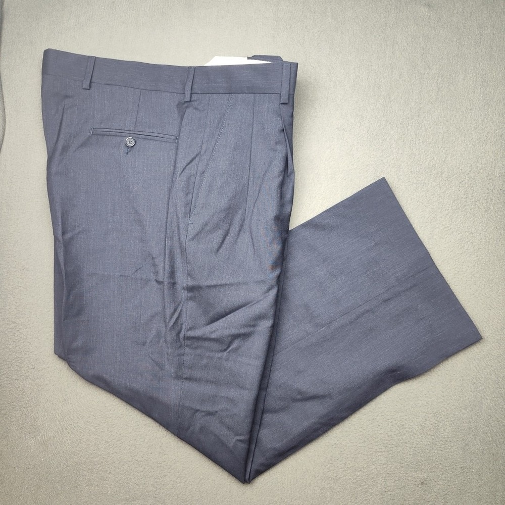 Paul Fredrick Pants Men 34x27 Blue Pleated Wool Dress Slacks Trousers Suit Italy